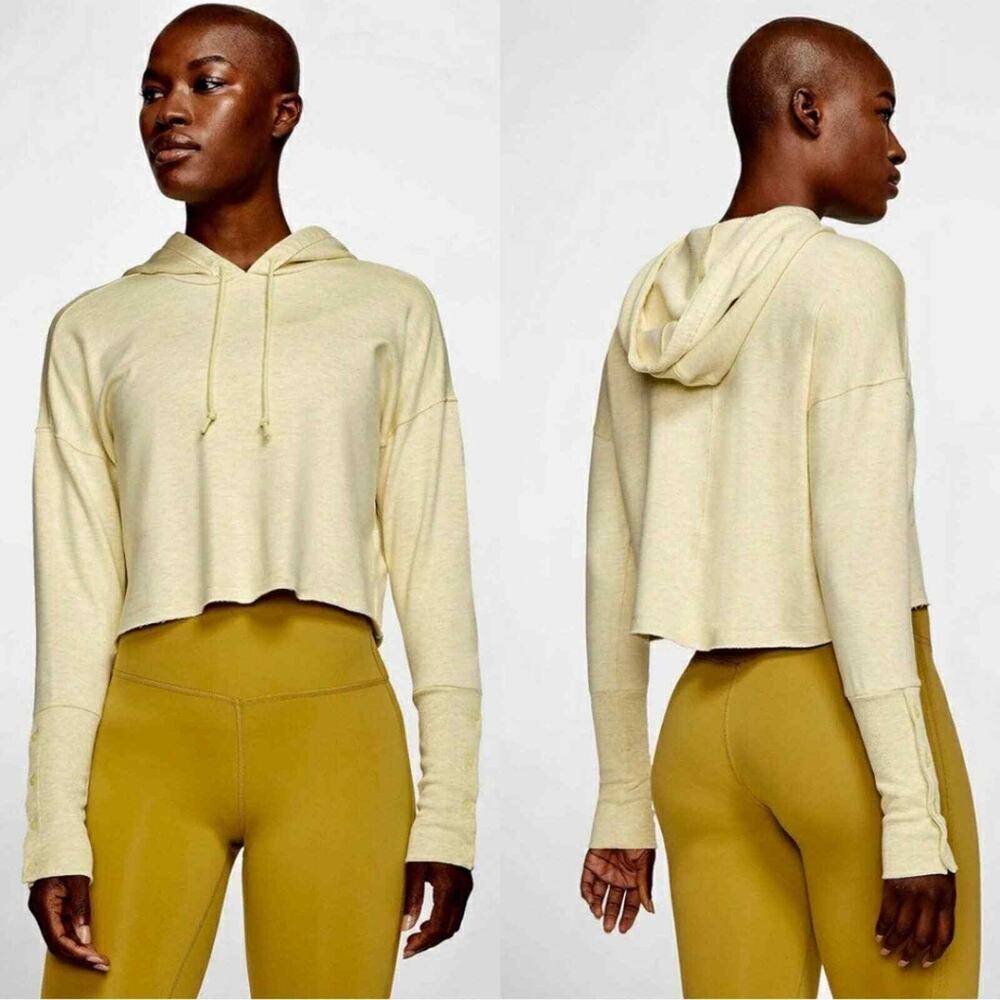 Nike Light Yellow Raw Hem Hooded Pullover Cropped Sweatshirt